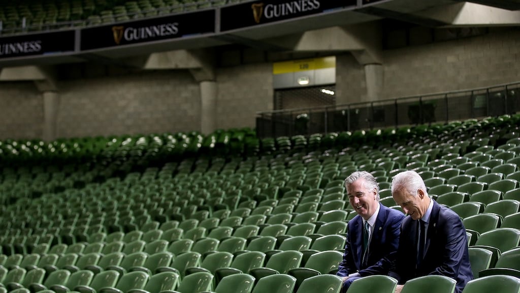 Newly appointed Republic of Ireland manager Mick McCarthy alongside FAI chief executive John Delaney. Photo: Gary Carr/Inpho