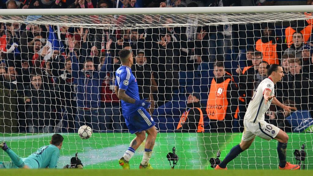 Paris Saint-Germain’s Swedish forward Zlatan Ibrahimovic  celebrates scoring their second goal during the  Champions League round of 16 second leg  match against   Chelsea at Stamford Bridge. Photograph: Glyn Kirk/AFP/Getty Images