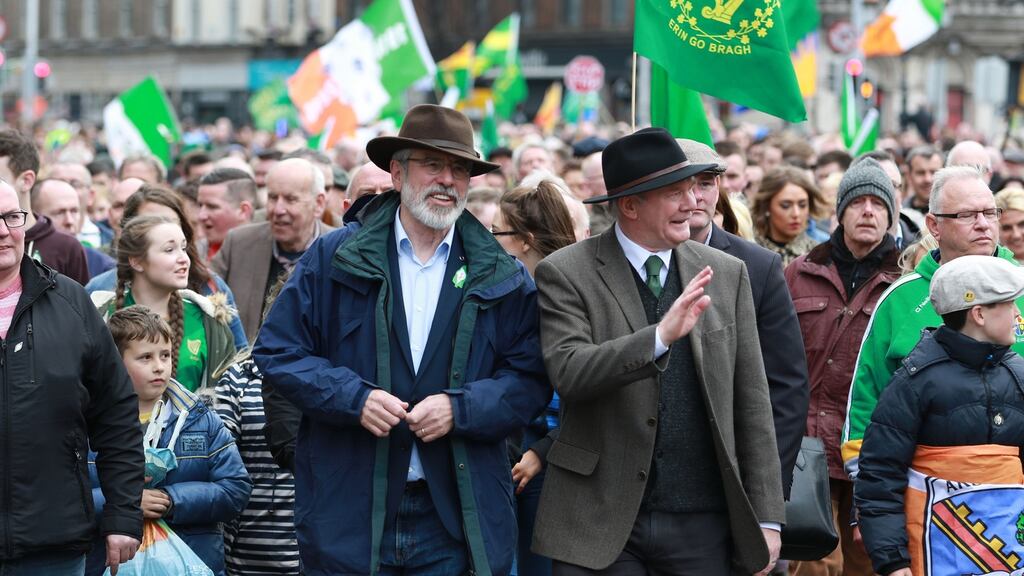 Sinn Féin’s Gerry Adams and Martin McGuinness during the march at the Reclaim 1916 parade and pageant. Photograph: Nick Bradshaw