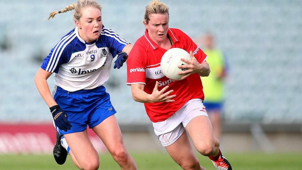 Cork’s Briege Corkery is challenged by Monaghan’s Eimear McAnespie during the TG4 Ladies Senior All-Ireland Football Championship semi-final at the  Gaelic Grounds in Limerick. Photograph:  Tommy Dickson/Inpho