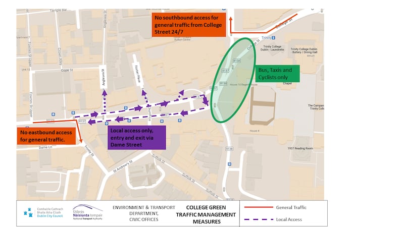 The expansion of the College Green bus gate to 24 hours began on Monday, May 29th. From this date private vehicles are barred from travelling through this route in all directions.