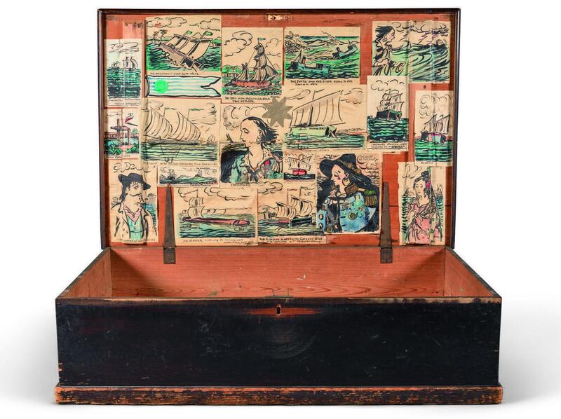 Jack B Yeats’s wooden travelling case which is lined with original watercolour drawings by the artist