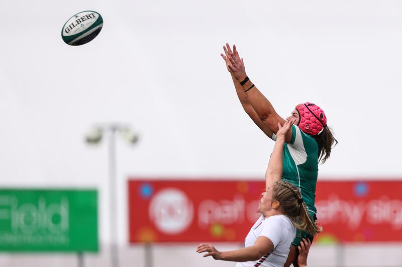 Ireland's Dorothy Wall wins a lineout in the game against England. Photograph: Inpho/Ben Brady