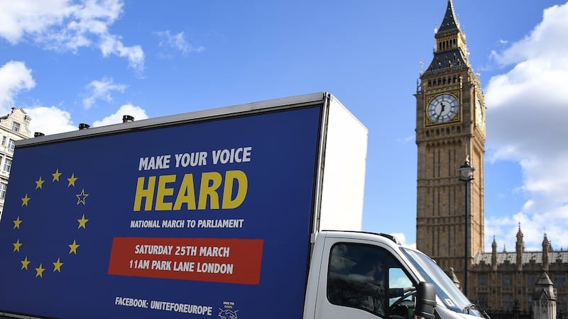 A van promoting an EU march passes parliament in London. The UK’s impending departure will require Dublin to make a fundamental shift in how it positions itself at European level. Photograph: EPA/Andy Rain