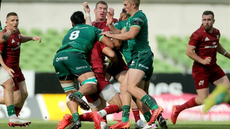 Connacht’s Abraham Papali’i tackles Conor Murray, which resulted in his sending off. Photogtaph: James Crombie/Inpho