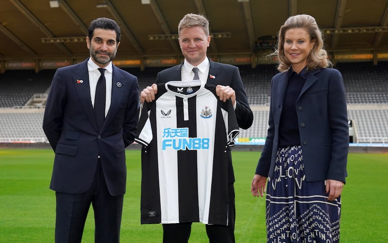 Newcastle United manager Eddie Howe (centre) with then club director Amanda Staveley and her husband Mehrdad Ghodoussi after Howe's appointment in 2021