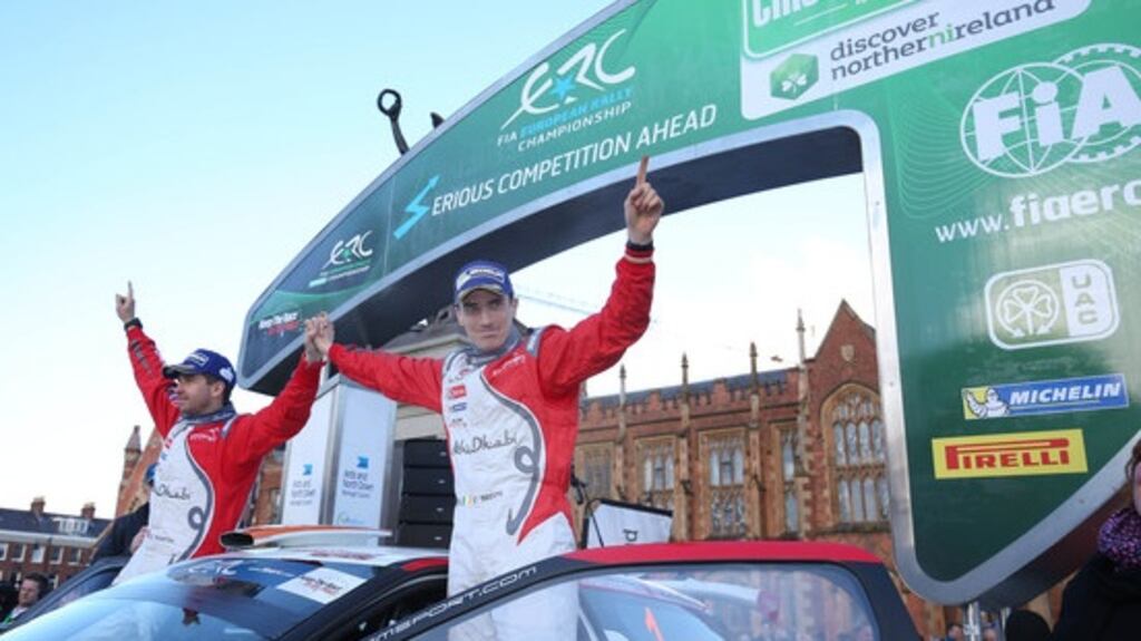 Craig Breen celebrates Circuit of Ireland victory in 2016. Photograph: Inpho