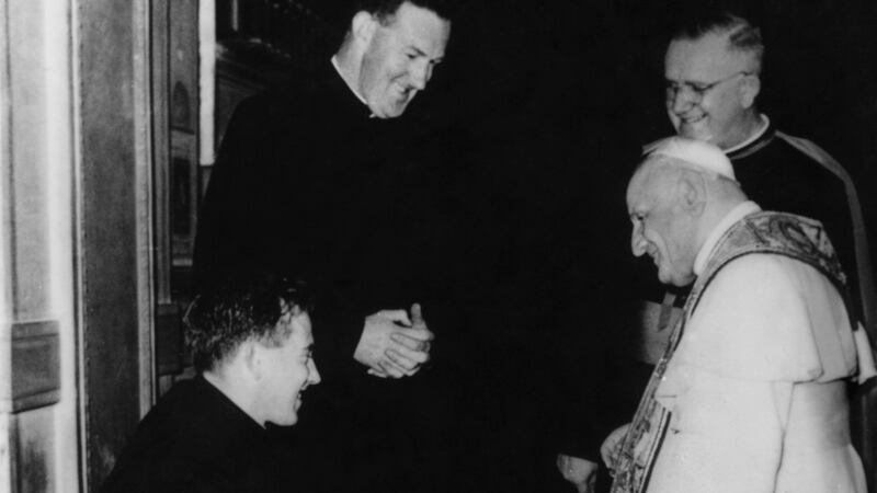 Fr Leo Close and his close friend and assistant Fr Brendan O’Sullivan, in private audience with Pope John XXIII. Photograph: Irish Wheelchair Association