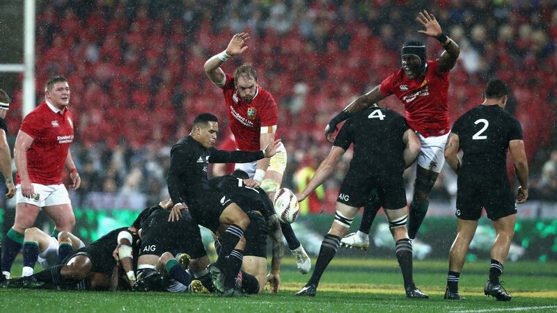 Aaron Smith clears the ball from a ruck during the second Test. Photo by David Rogers/Getty Images