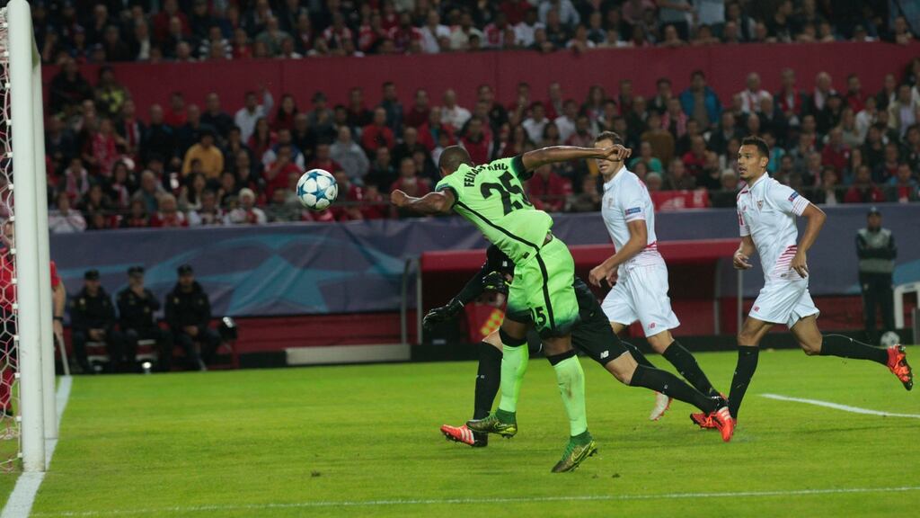 Manchester City’s Fernandinho scores his team’s second goal against Sevilla. Photograph: Miguel Angel Morenatti/AP