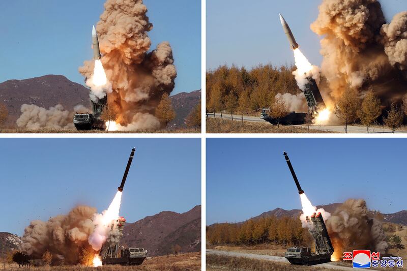 Combination of photos provided by the North Korean government, shows what they say was a military operation in November. Independent journalists were not given access to cover the event depicted in this image distributed by the North Korean government. Photograph: Korean Central News Agency/Korea News Service via AP