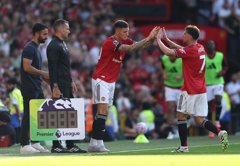 New recruit Benjamin Sesko replaces Mason Mount for Manchester United during the second half against Arsenal. Photograph: Stu Forster/Getty Images