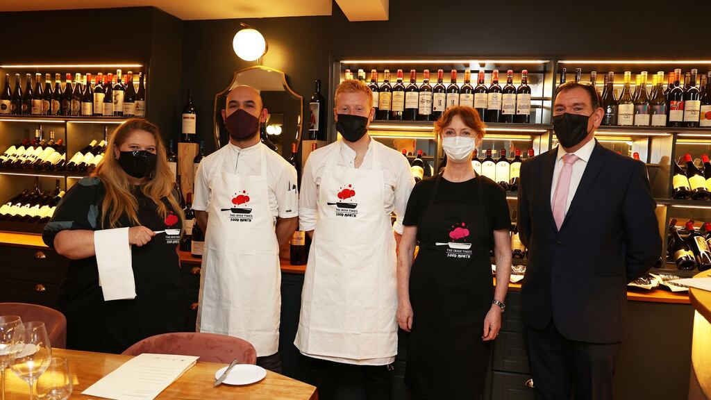 Chef and TV presenter Mark Moriarty cooked  with Michelin starred chef Ahmet Dede for a Food Month at The Irish Times reader event. Pictured (left to right) Roisin Ingle, Ahmet Dede, Mark Moriarty, Marie Claire Digby and Michael Thornton. Photograph: Nick Bradshaw