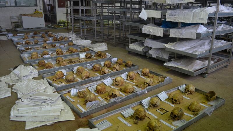 Human remains at Koricani cliffs in Bosnia are gathered so that DNA samples can be taken by the International Commission on Missing Persons at Sanski Most. Photograph: ICMP