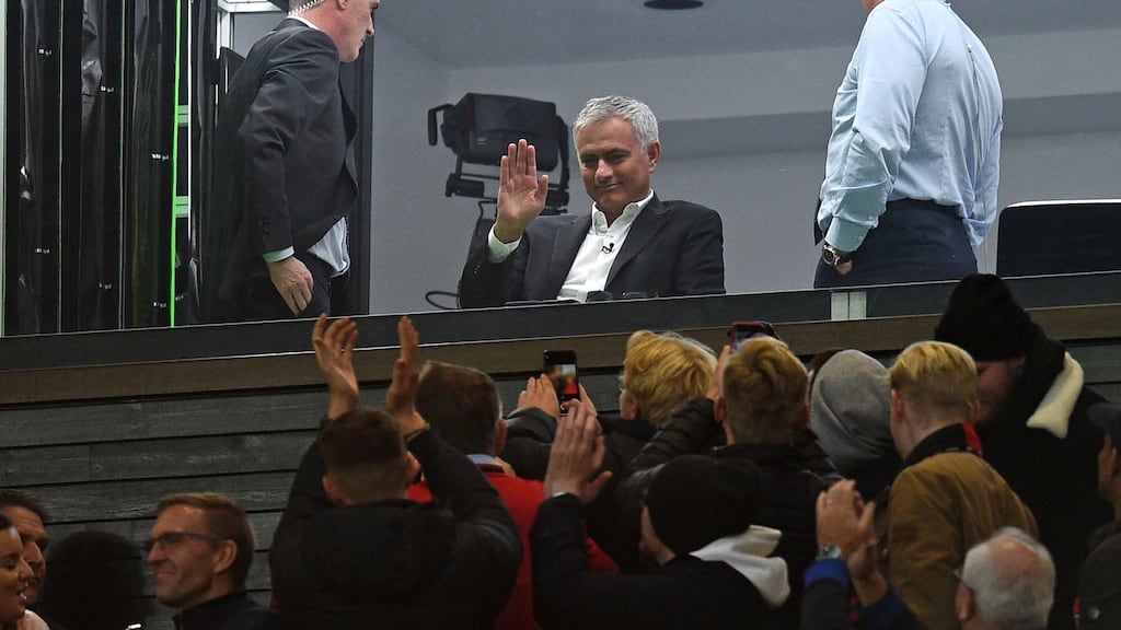 José Mourinho  waving to fans from a TV studio during the  match between United and Liverpool at Old Trafford  on October 20th. Maybe his  hour  is at hand to offer   Arsenal fans   a new enemy to tear apart every week, the grinning ringmaster at the circus of hate. Photograph:  Oli Scarff/AFP via Getty Images