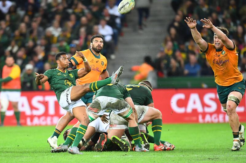 South Africa's Grant Williams sends the ball downfield against Australia last Saturday in Cape Town. Photograph: Rodger Bosch/AFP via Getty Images