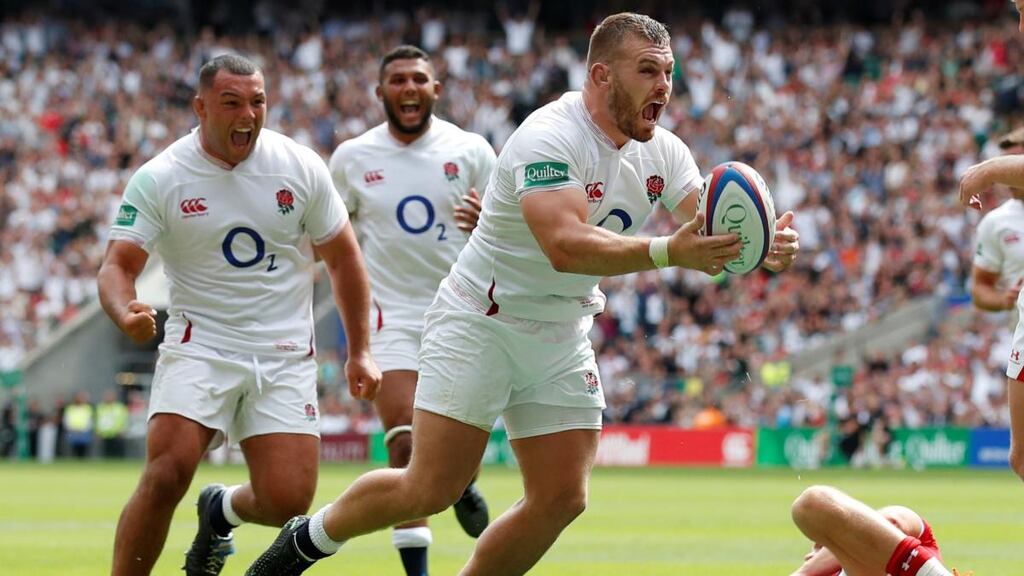 Luke Cowan Dickie celebrates scoring England’s third try during the Rugby World Cup warm-up game against Wales at Twickenham. Photograph: David Klein/Reuters
