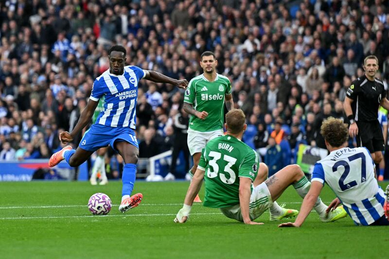 Danny Welbeck scores Brighton's second goal during the Premier League game against Newcastle United at the American Express Community Stadium. Photograph: Glyn Kirk/AFP via Getty Images