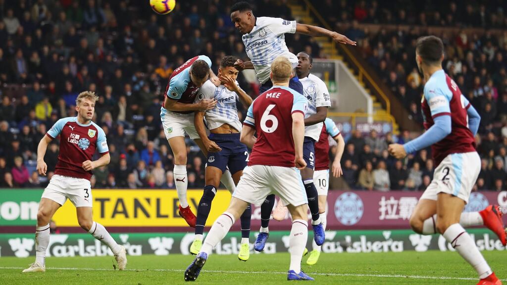 Yerry Mina scores against Burnley at Turf Moor. Photograph: Bryn Lennon/Getty Images