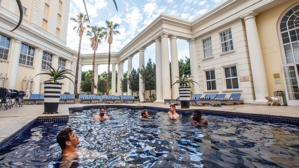 Connacht players Dominic Robertson McCoy, Peter McCabe, Kyle Godwin, Matt Healy and Niyi Adeolokun enjoy a recovery swim in Cape Town during the squad’s visit to South Africa last November. Photograph: James Crombie/Inpho