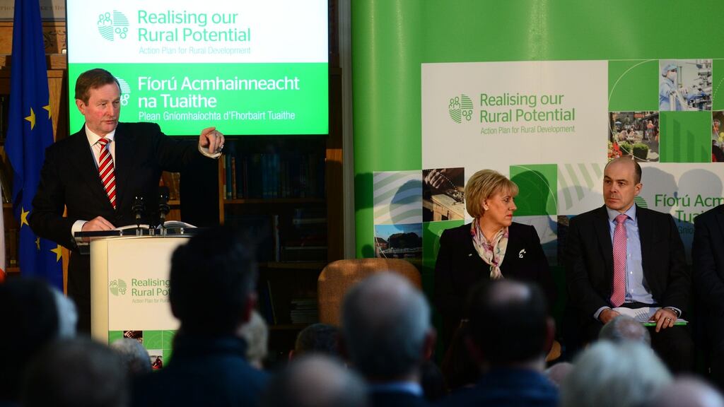 Taoiseach Enda Kenny, Minister for Rural Affairs Heather Humphreys and Minister Dennis Naughton at the launch of the Action Plan for Regional Development : would the Government not be better with a more compact, and so more realistic, plan? Photograph: Dara Mac Dónaill