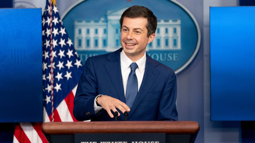 Transportation secretary Pete Buttigieg at a press briefing  on Friday said  the new infrastructure plan would create ‘millions of good jobs for communities across the country’. Photograh: Andrew Harnik/ AP
