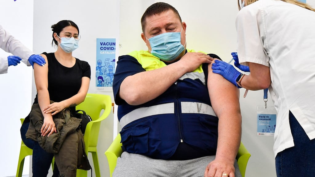 Agricultural workers receive jabs of the J&J/Janssen Covid-19 vaccine in Alcarras, near Lleida, Spain, on May 22nd. Photograph:Pau Barrena/AFP via Getty Images