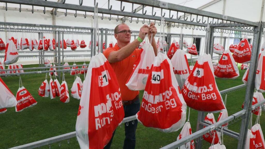 Marc Bennett preparing the Phoenix Park transitioning area ahead of the Ironman triathlon. Photograph: Nick Bradshaw
