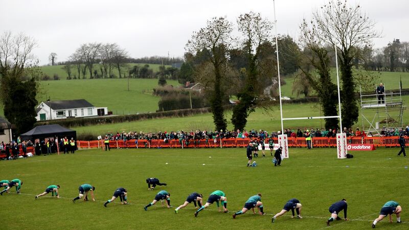 The Ireland rugby team train at Monaghan RFC: Rory Best, Iain Henderson, Peter O’Mahony and Andrew Trimble are back in full training. Photograph: Dan Sheridan/Inpho