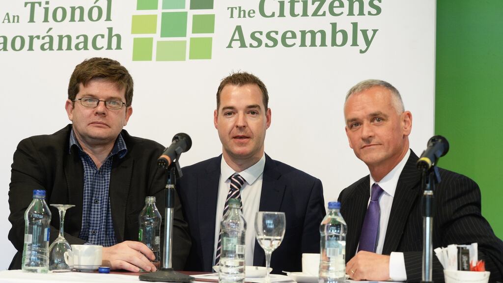 Prof Liam Delaney, Dr Micheal Collins and Alan Barrett at the Citizens Assembly gathering at Malahide. Photograph: Cyril Byrne / THE IRISH TIMES