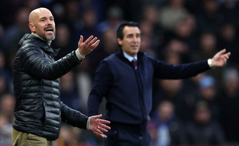 Erik ten Hag and Unai Emery react on the sideline during the Premier League match at Villa Park. Photograph: Adrian Dennis/AFP via Getty Images