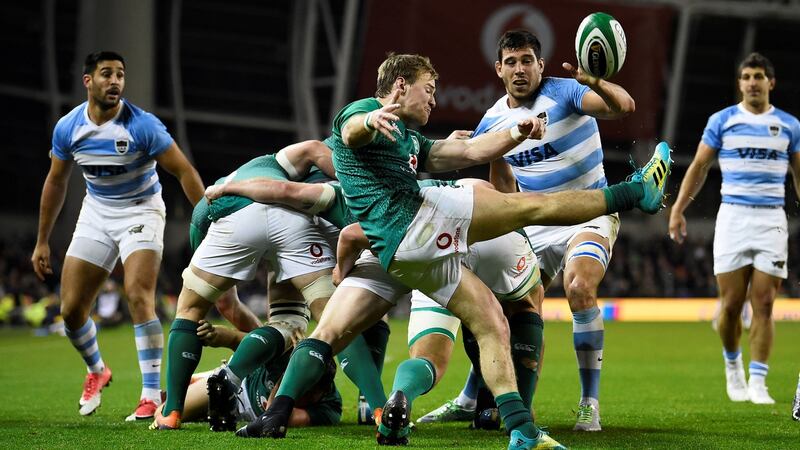 Kieran Marmion scored but later limped off injured during Ireland’s win over Argentina at the Aviva Stadium. Photograph: Clodagh Kilcoyne/Reuters