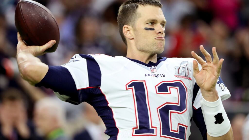 New England Patriots’ quarterback Tom Brady warms up before the start of Super Bowl LI against the Atlanta Falcons in Houston in February. Photograph: Adrees Latif/Reuters