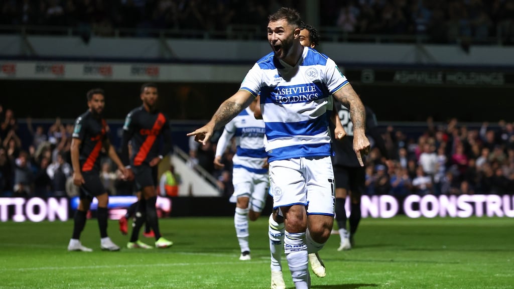 QPR’s Charlie Austin celebrates after scoring against Everton at Loftus Road. Photograph: Ryan Pierse/Getty Images