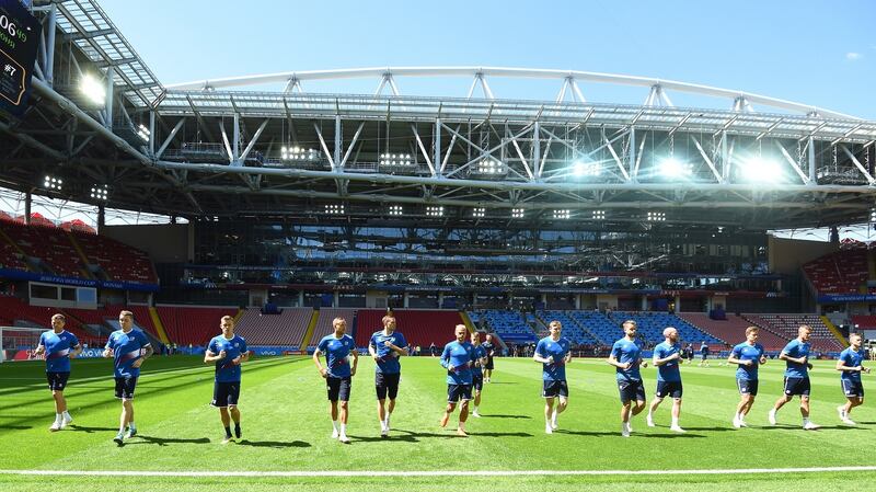 Iceland’s players during training on Friday. Photograph: EPA