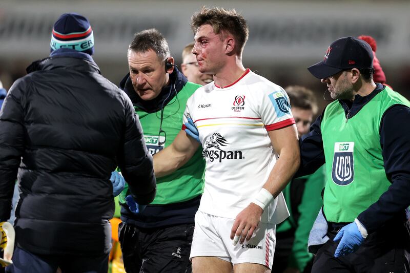 Ethan McIlroy leaves Ulster's game with Munster with a facial injury. Photograph: Laszlo Geczo/Inpho