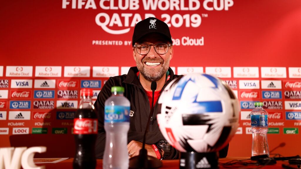 Liverpool manager Jürgen Klopp speaks at a press conference in Khalifa International Stadium ahead his side’s Club World Cup final against Flamengo. Photograph: Corinna Kern/Reuters