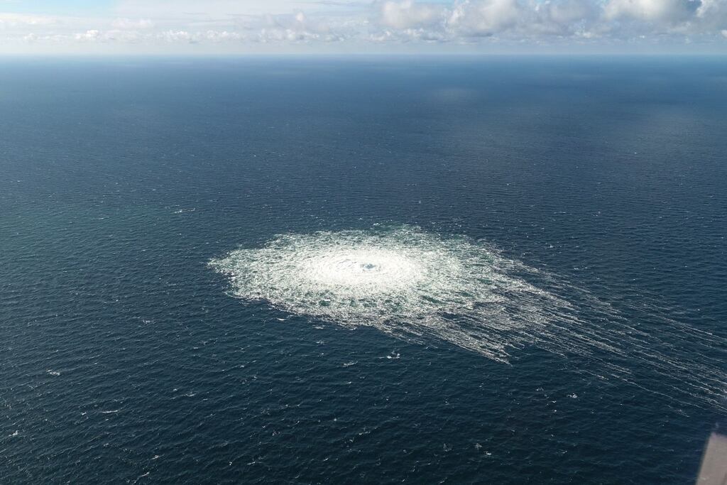 An image provided by Denmark’s military shows a disturbance in the Baltic Sea caused by gas leaks in the Nord Stream 2 pipeline off the Danish island of Bornholm on Tuesday. Photograph: Armed Forces of Denmark via The New York Times