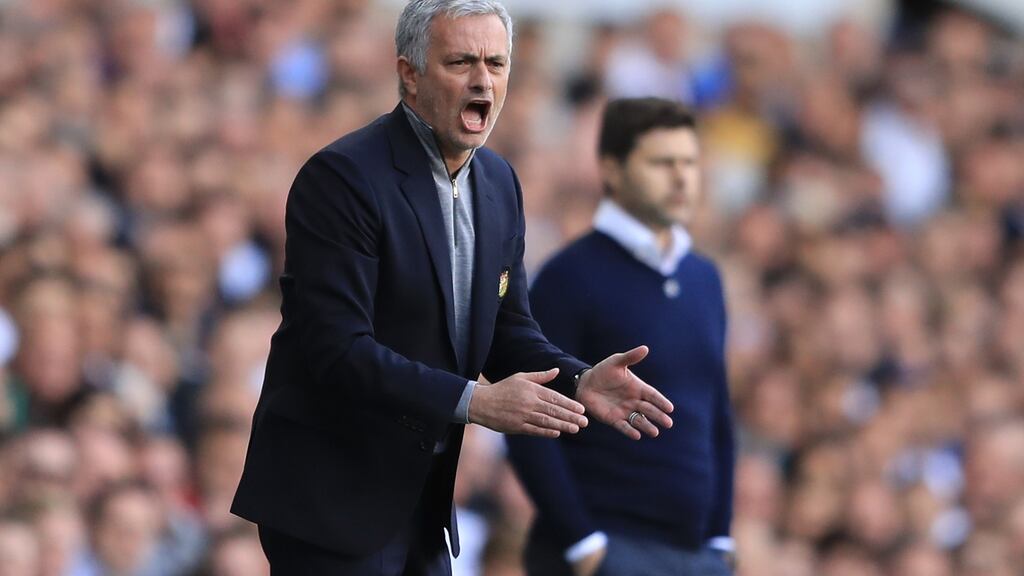 Manchester United manager Jose Mourinho reacts during the match against Tottenham Hotspur on Sunday, which his side lost 2-1. Photograph: Richard Heathcote/Getty Images