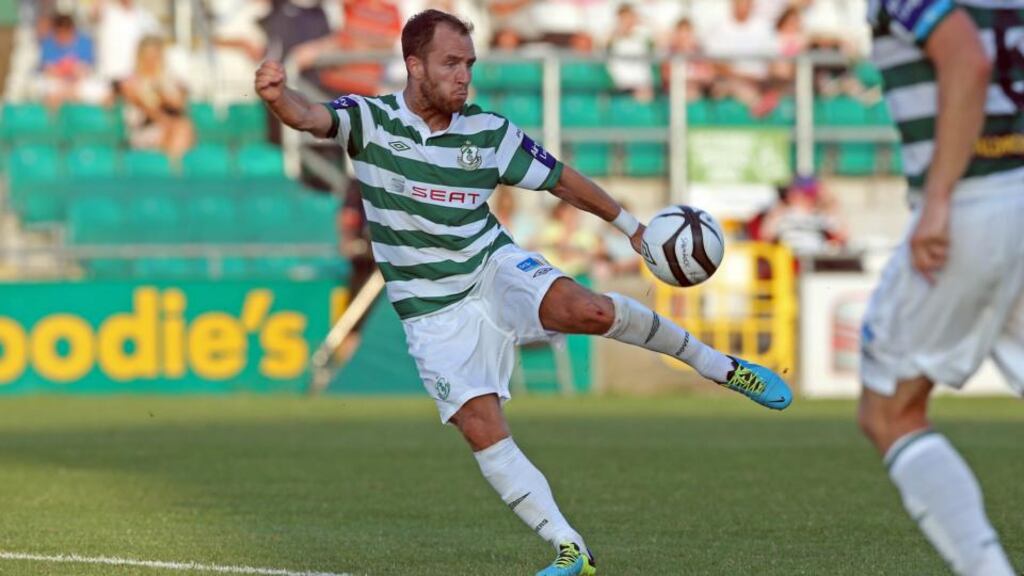 Seán O’Connor scores the first of two cracking goals against Derry City. Photograph: Donall Farmer/Inpho