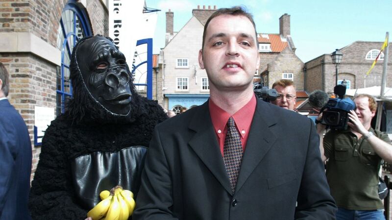 Stuart Drummond – who dresses as H’Angus, the mascot for Hartlepool United – walks with a rival through the town in 2002 after he was elected mayor in local council elections. Photograph: Owen Humphreys