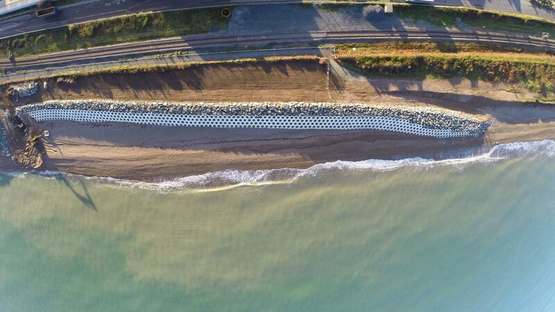 Aerial image showing the recent and continued eroision of the Murrough, just north of Wicklow Town. Photograph: Brendan Hickey