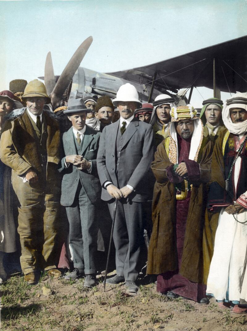 Sir Herbert Samuel, British High Commissioner of Palestine, centre, with Emir Abdullah and TE Lawrence at Amman, Jordan, in April 1921. Photograph: Getty Images