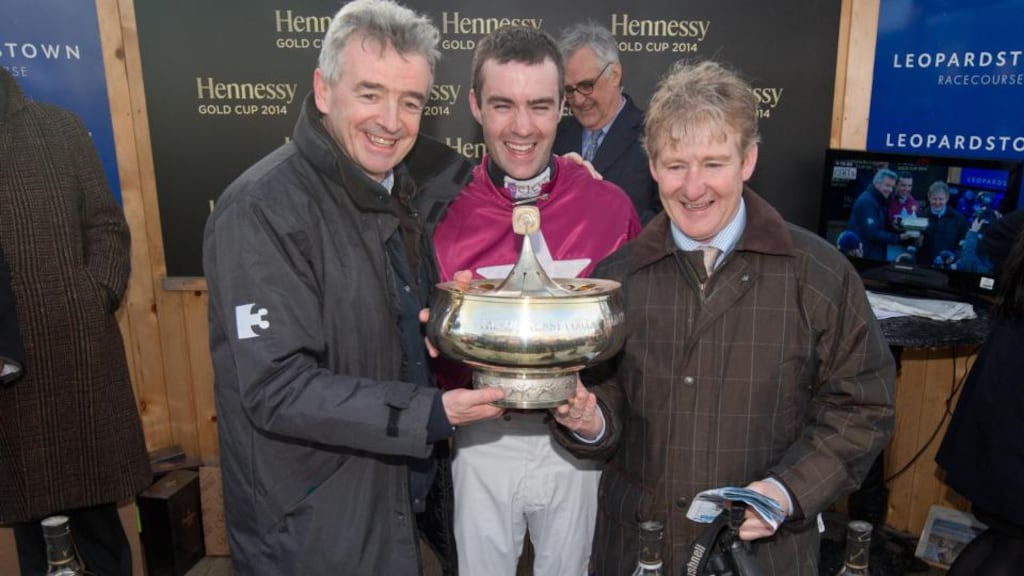 Hennessy Gold Cup winning-owner Michael O’Leary, jockey Brian O’Connell and trainer Philip Fenton celebrate Last Instalment’s success this month at Leopardstown. Photograph: Morgan Treacy/Inpho