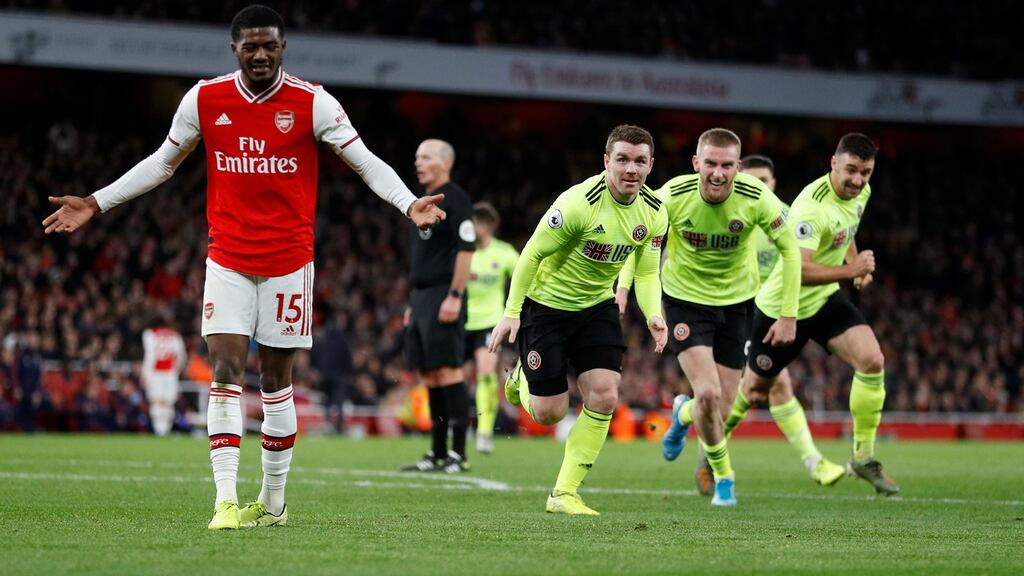 Sheffield United’s John Fleck celebrates scoring Sheffield United’s late equaliser at the Emirates Stadium. Photograph: Peter Nicholls/Reuters