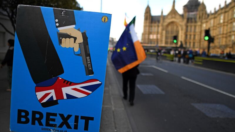 Anti-Brexit activists demonstrate outside the Houses of Parliament in central London on Wednesday. Photograph: Paul Ellis/AFP/Getty Images