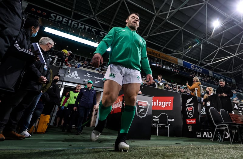 Ireland’s Cian Healy runs on to the pitch against New Zealand in Dunedin in 2022. Photograph: Billy Stickland/Inpho