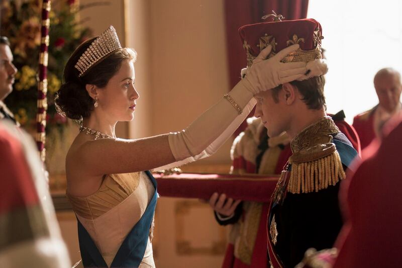 The Crown: Claire Foy, as Queen Elizabeth, formally makes Matt Smith, as Philip, a British prince. Photograph: Robert Viglasky/Netflix