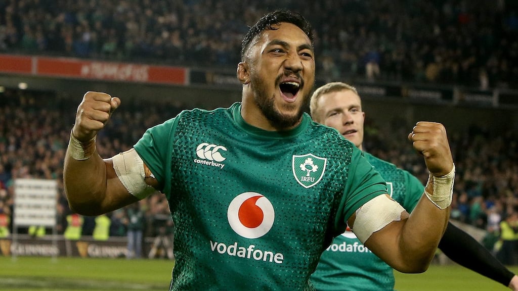 Bundee Aki celebrates Ireland’s 16-9 in over New Zealand at the Aviva Stadium Photograph: Oisin Keniry/Inpho