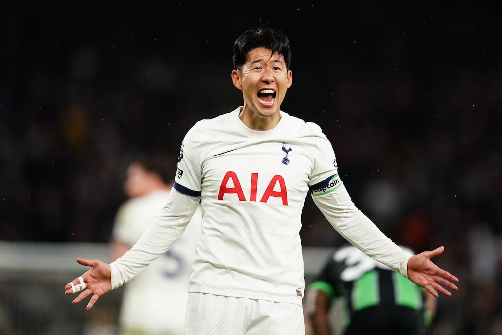 Son Heung-Min with his right index and middle finger strapped together when he came off the bench in Tottenham's win over Brighton. Photograph: John Walton/PA Wire